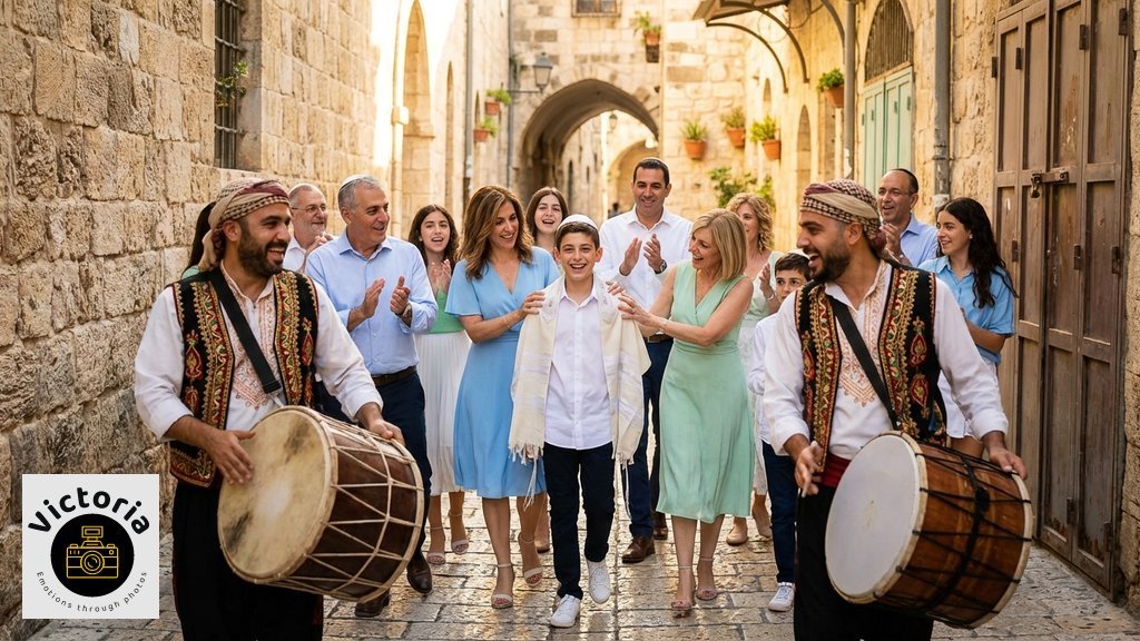 משפחה חוגגת בר מצווה בסמטאות העיר העתיקה בירושלים עם נגנים