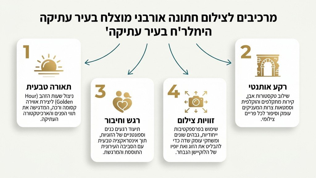 זוג מצטלם בסמטאות יפו העתיקה באווירה רומנטית וטבעית