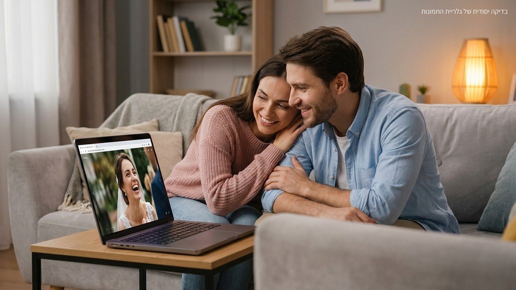 נוצר על ידי מודל בינה מלאכותית Gemini Pro זוג בוחן תמונות חתונה בגלריה דיגיטלית על מסך