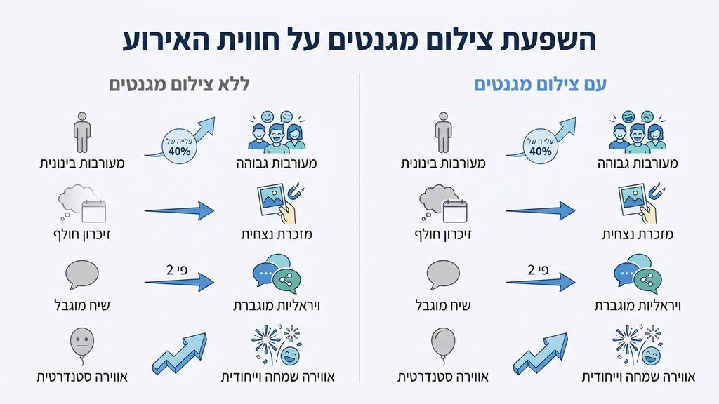 נוצר על ידי מודל בינה מלאכותית Gemini Pro אורחים מחזיקים תמונות מגנט מעוצבות במהלך אירוע משמח