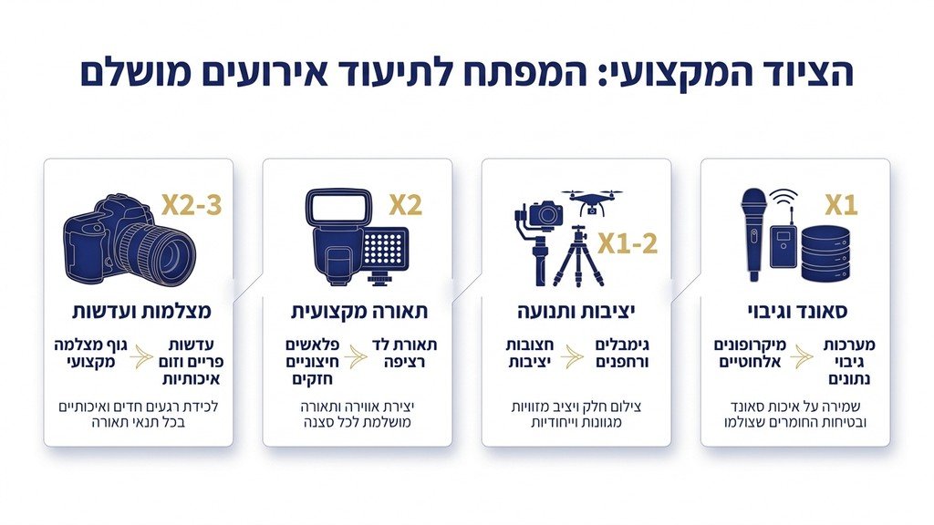 נוצר על ידי מודל בינה מלאכותית Gemini Pro ציוד טכנולוגי מתקדם לצילום אירועים