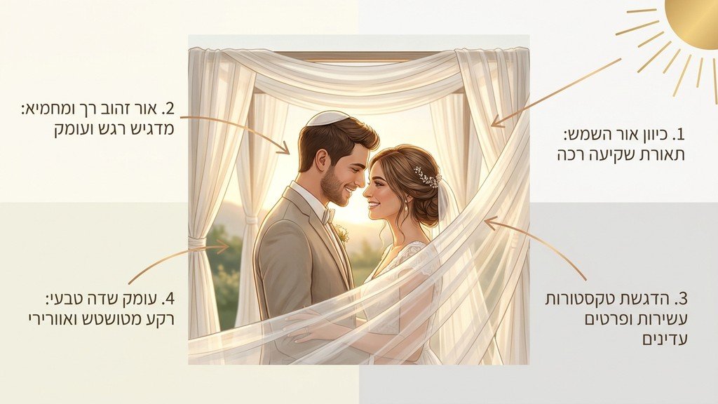 נוצר על ידי מודל בינה מלאכותית Gemini Pro צילום סטילס טבעי ומרגש של זוג ביום חתונתם