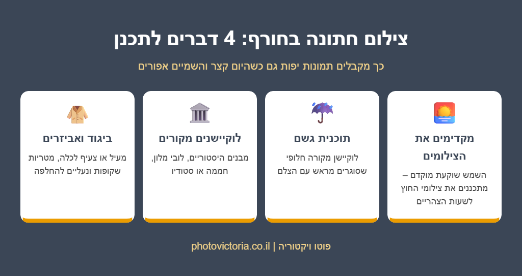 אינפוגרפיקה: צילום חתונה בחורף – מקדימים את הצילומים, תוכנית גשם, לוקיישנים מקורים וביגוד ואביזרים